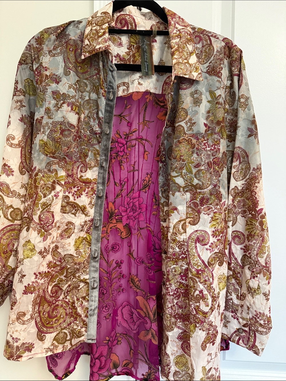 Paisley Sheer Button-Up Overlayer with Magenta Floral Slip